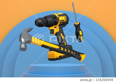 Construction tools and safety equipment floating over podium on abstract background, industrial work and protection concept 138260594
