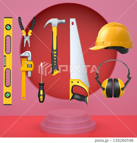 Construction tools and safety equipment floating over podium on abstract background, industrial work and protection concept 138260596