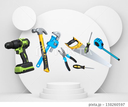 Construction tools and safety equipment floating over podium on abstract background, industrial work and protection concept 138260597