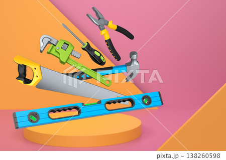 Construction tools and safety equipment floating over podium on abstract background, industrial work and protection concept 138260598