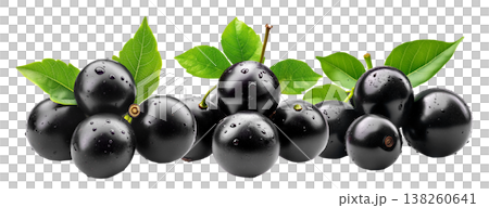 Fresh ripe black jamun fruits or jabuticaba with green leaves, isolated on white background. Concept of tropical summer fruits 138260641