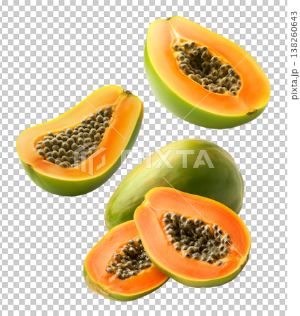 Multiple ripe papaya halves with dark seeds shown isolated on white background, representing a fresh tropical fruit concept Multiple ripe papaya halves with dark seeds shown isolated on white background, representing a fresh tropical fruit concept 138260643