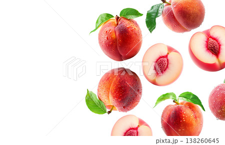 Whole and halved ripe peaches with green leaves and water droplets on white background, freshness and natural fruit concept Whole and halved ripe peaches with green leaves and water droplets on white background, freshness and natural fruit concept 138260645