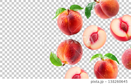 Whole and halved ripe peaches with green leaves and water droplets on white background, freshness and natural fruit concept 138260645