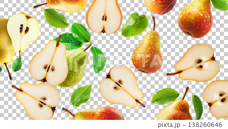 Juicy red yellow pear with water drops and sliced halves, isolated on white background, concept of freshness and fruit Juicy red yellow pear with water drops and sliced halves, isolated on white background, concept of freshness and fruit 138260646