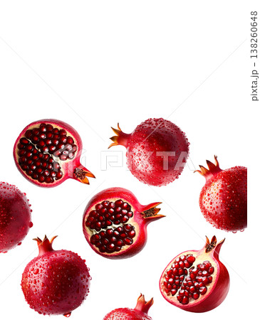 Multiple fresh red pomegranates with water droplets in a seamless pattern, isolated on a white background, concept of freshness Multiple fresh red pomegranates with water droplets in a seamless pattern, isolated on a white background, concept of freshness 138260648