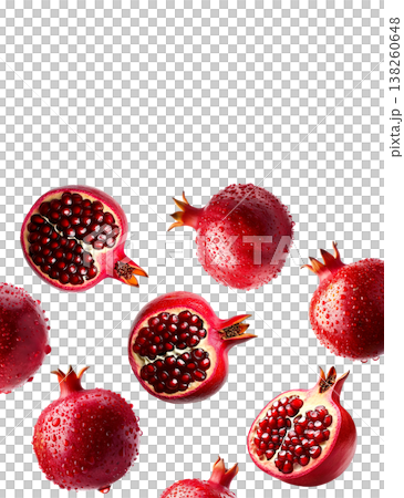Multiple fresh red pomegranates with water droplets in a seamless pattern, isolated on a white background, concept of freshness Multiple fresh red pomegranates with water droplets in a seamless pattern, isolated on a white background, concept of freshness 138260648
