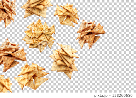 Assorted piles of potato chips isolated on white background illustrating snack food concept idea 138260650