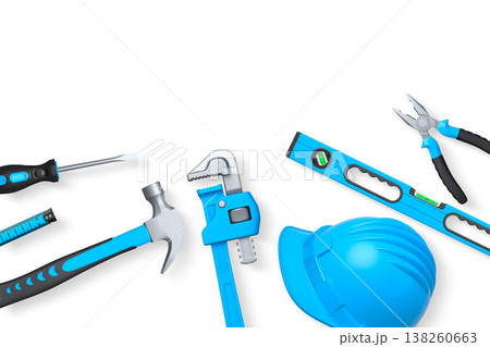 Various construction tools including wrench, hammer, pliers, and helmet isolated on white background with clipping path 138260663