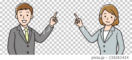 Businessmen and businesswomen, male and female, pointing, guiding, explaining, character illustration set, simple, upper body. 138261424