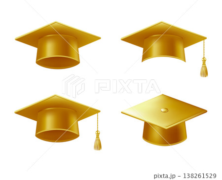 Realistic gold graduate caps set. 3D Graduation Doctoral hat 138261529
