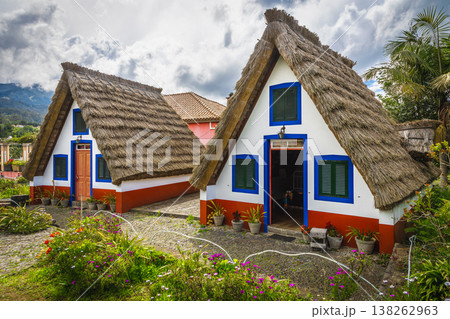 Cute rural wooden houses with thatched roof in Madeira, Portugal 138262963