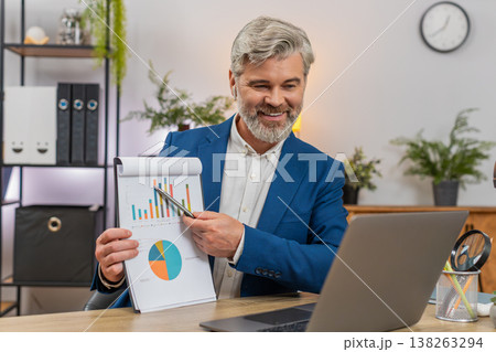 Middle-aged businessman shows chart via laptop remote call big drop proposes recovery plan gestures 138263294