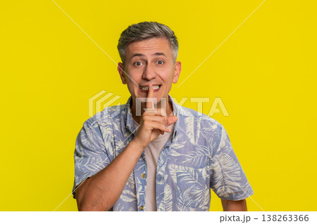 Adult man placing finger on lips with focused face making silence gesture asking to stay quiet calm Adult man placing finger on lips with focused face making silence gesture asking to stay quiet calm 138263366