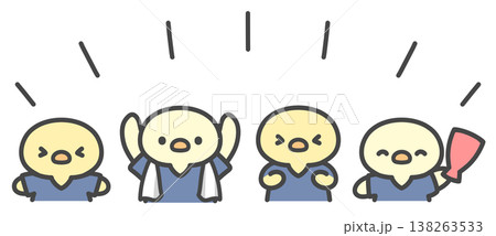 ユニフォームを着てサッカー観戦で応援するひよこたちの手書きイラスト 138263533