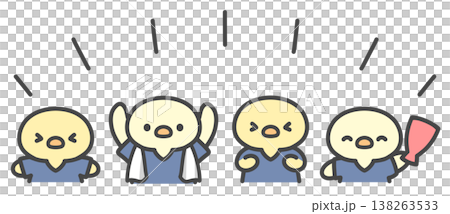 ユニフォームを着てサッカー観戦で応援するひよこたちの手書きイラスト 138263533