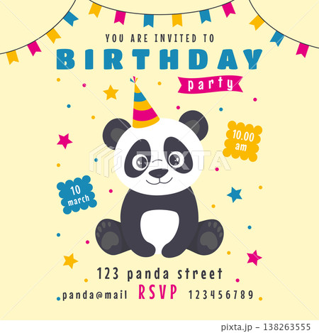 Colorful panda party invitation design. Cheerful illustration of panda with party accessories Colorful panda party invitation design. Cheerful illustration of panda with party accessories 138263555
