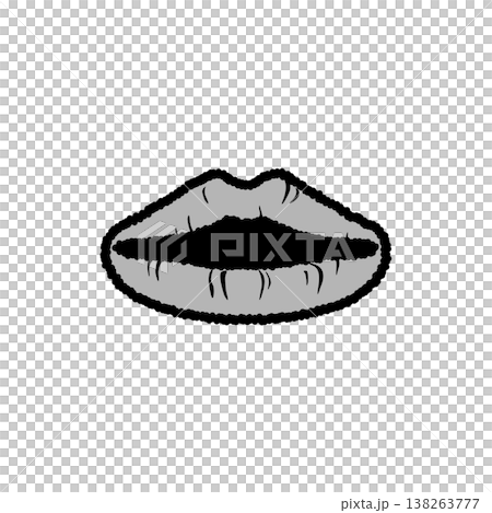 A black and white illustration of chapped lips with vertical wrinkles. Lip care 138263777