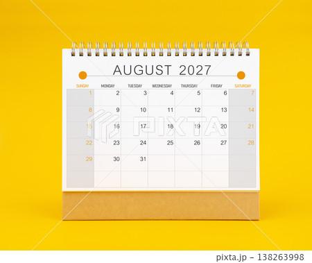 August 2027 desk calendar on yellow color background, Front view. 138263998
