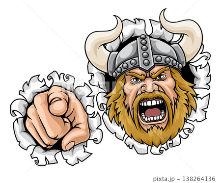 Viking Warrior Pointing Cartoon Sports Mascot Man 138264136