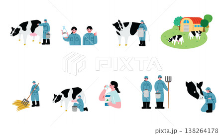 酪農業で働く男女のイラストセット 138264178