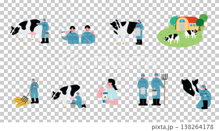 酪農業で働く男女のイラストセット 138264178