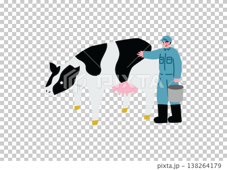 一幅描繪身穿工作服的男子照顧牛群的插圖。 138264179