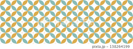 Mid Century Leaf Seamless Pattern. Retro Scandinavian Geometric Background with Mustard and Teal Petal Motif. Mid Century Leaf Seamless Pattern. Retro Scandinavian Geometric Background with Mustard and Teal Petal Motif. 138264199