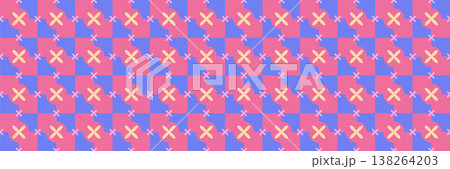 Cute Checker Floral Seamless Pattern. Playful Pink and Blue Geometric Background with Retro Petal Tile Motif. Cute Checker Floral Seamless Pattern. Playful Pink and Blue Geometric Background with Retro Petal Tile Motif. 138264203