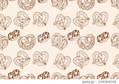 Pretzel pastry seamless pattern with baked bread snacks in hand drawn style Pretzel pastry seamless pattern with baked bread snacks in hand drawn style 138264248