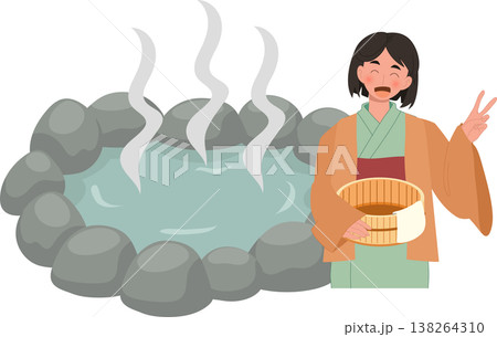 onsen hot spring japan spa relaxation traditional japanese culture kimono woman outdoor bath travel illustration onsen hot spring japan spa relaxation traditional japanese culture kimono woman outdoor bath travel illustration 138264310