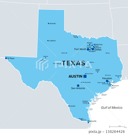 State of Texas, political map. State in Southern United States on the Gulf of Mexico. Texas Triangle region formed by largest cities Dallas, Fort Worth, Houston, San Antonio and capital Austin. Vector 138264426