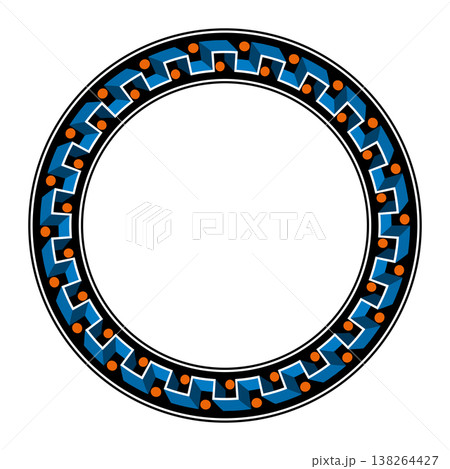 Three-dimensional appearing circular frame with meander pattern. White, stair-like zigzag line, with oblique blue color areas extending to the rear, on black circle, decorated with orange dots. Vector 138264427
