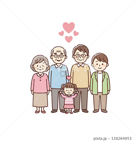 三世代家族のイラスト　笑顔で並ぶファミリー　家族愛と安心のイメージ素材 138264953