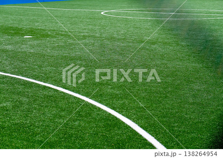 Soccer field with green grass and white line 138264954