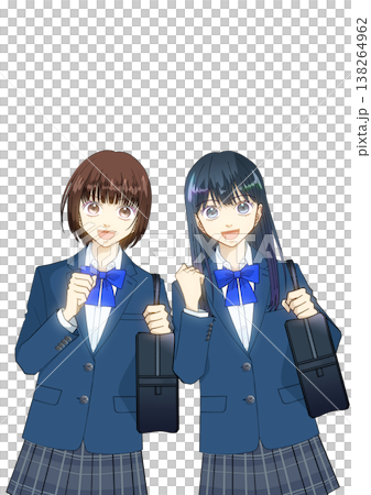 一幅動漫風格的插圖,描繪了兩個高中或初中女生面帶微笑,背著書包,背景是白色。 一幅動漫風格的插圖,描繪了兩個高中或初中女生面帶微笑,背著書包,背景是白色。 138264962