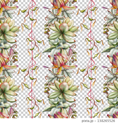 Watercolor seamless pattern with striped rows of rosette succulents and creeping exotic bromeliad vines. Isolated illustration hand drawn for fabric printing, nursery decor, eco lifestyle branding 138265526