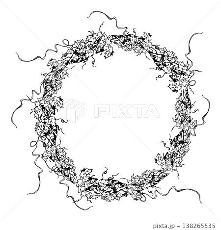 Circular vineyard wreath frame of repeating leafy grapevine motifs, grape clusters, tendril creepers. Botanical hand drawn vector illustration in ink. Winery logos, wine events, branding materials. 138265535