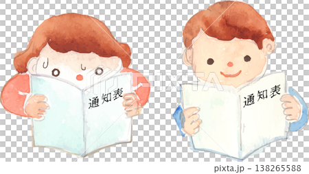 Illustration of a child looking at their report card 138265588