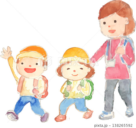 遠足に行く園児と先生のイラスト 138265592
