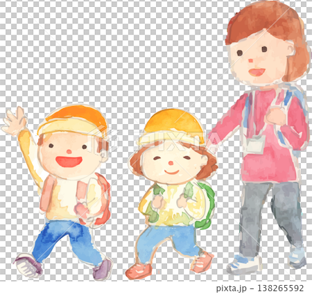 一幅描繪幼兒園小朋友和老師一起外出郊遊的插圖。 138265592