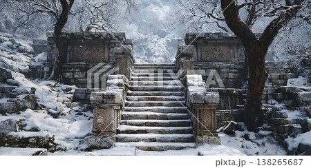 Winter Wonderland SnowCovered Stone Steps Leading to Mystery 138265687