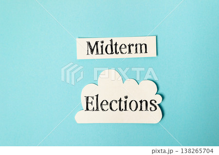 Midterm elections text displayed on a blue background, featuring a cloud shape, symbolizing political engagement and civic participation in democratic processes Midterm elections text displayed on a blue background, featuring a cloud shape, symbolizing political engagement and civic participation in democratic processes 138265704