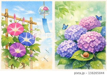 夏の風物詩アサガオと雨に濡れるアジサイの水彩イラストセット 138265844