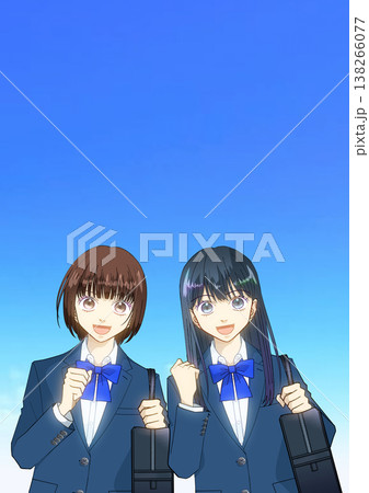 広がる青空、笑顔でスクールバッグを持つ女子高校生または中学生2人組のアニメ風イラスト 138266077