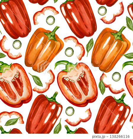 A seamless watercolor pattern featuring fresh orange and red bell peppers and jalapeno slices. All hand-painted in watercolor. Suitable for kitchen textiles, wallpaper, menu design, food packaging. 138266116