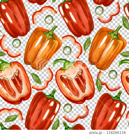 A seamless watercolor pattern featuring fresh orange and red bell peppers and jalapeno slices. All hand-painted in watercolor. Suitable for kitchen textiles, wallpaper, menu design, food packaging. 138266116