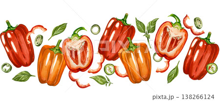 A border of red and orange bell peppers, hot pepper slices, and leaves. All hand-painted in watercolor. Suitable for culinary design, towels, tableware, and food products. A border of red and orange bell peppers, hot pepper slices, and leaves. All hand-painted in watercolor. Suitable for culinary design, towels, tableware, and food products. 138266124