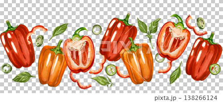 A border of red and orange bell peppers, hot pepper slices, and leaves. All hand-painted in watercolor. Suitable for culinary design, towels, tableware, and food products. A border of red and orange bell peppers, hot pepper slices, and leaves. All hand-painted in watercolor. Suitable for culinary design, towels, tableware, and food products. 138266124