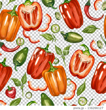A seamless pattern with hand-drawn watercolor bell peppers, chili peppers, jalapenos, and leaves. Vegetable background with sliced peppers and leaves. Culinary illustration for textiles, wallpaper. A seamless pattern with hand-drawn watercolor bell peppers, chili peppers, jalapenos, and leaves. Vegetable background with sliced peppers and leaves. Culinary illustration for textiles, wallpaper. 138266127